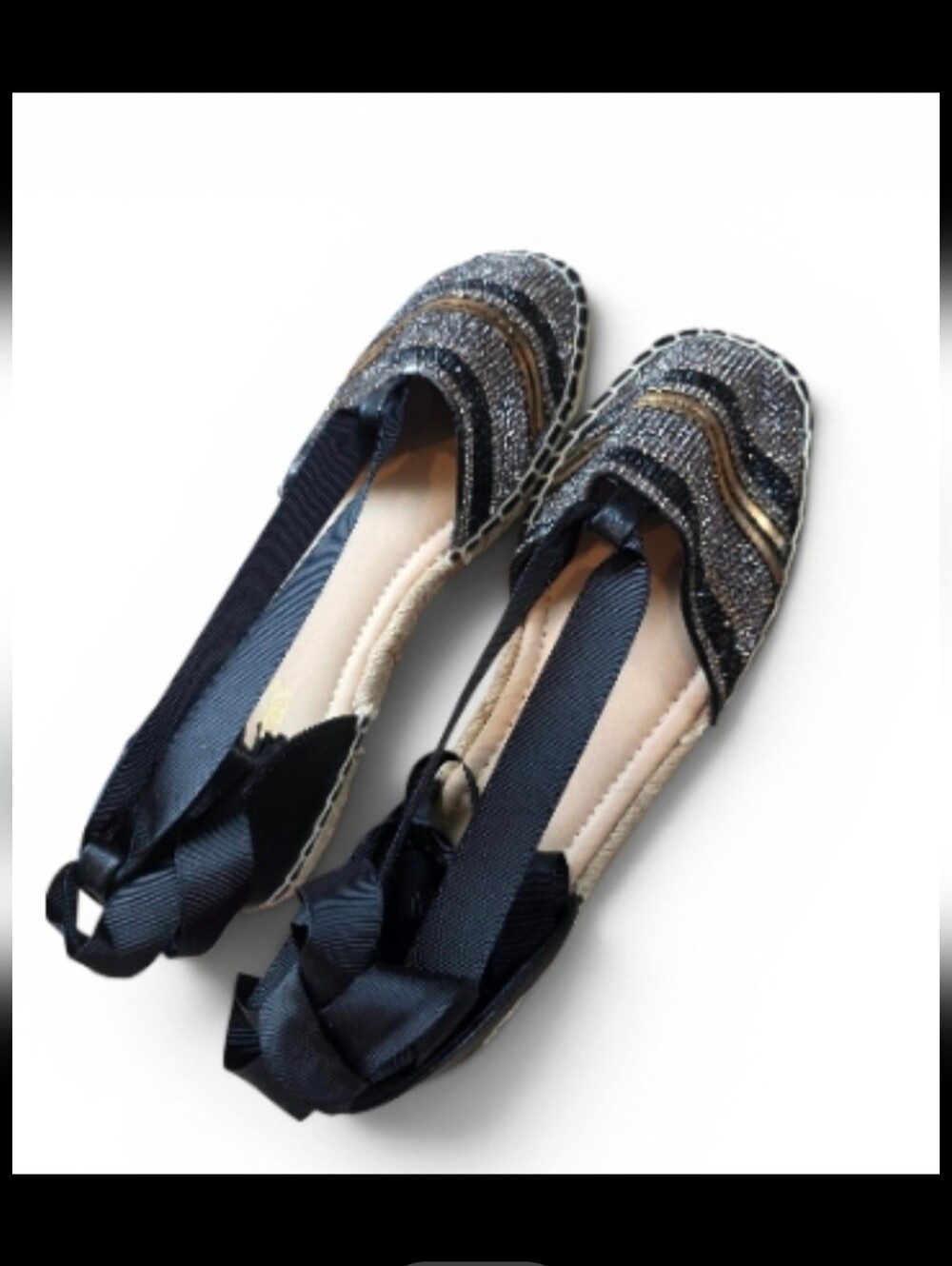 Shoe Dazzle Black and Gold Ribbon Espadrille Flats. Black Ribbon ties.